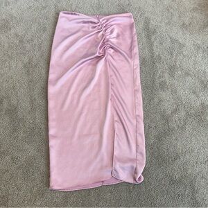 Zara pink satin effect ruched midi skirt high front slit Sz M NWT